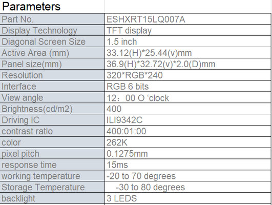 1.5 inch square 320*240 RGB LCD module with RGB interface 400c/d brightness and driver IC ILI9342C for smart wear application etc